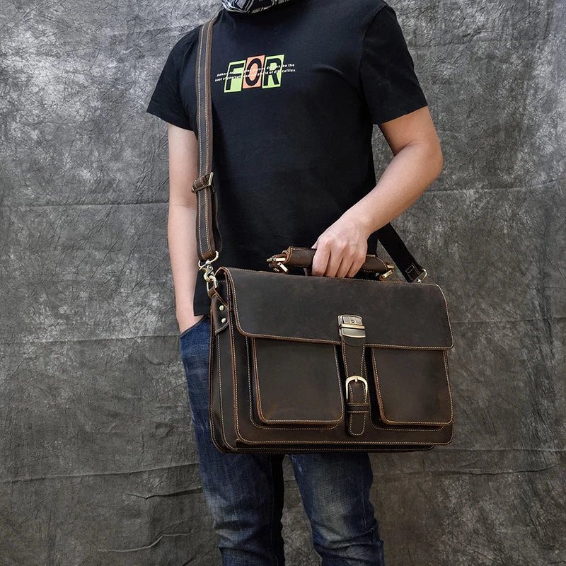 Vintage Vanguard: Crazy Horse Leather Messenger Briefcase - Fenrir Vintage Emporium