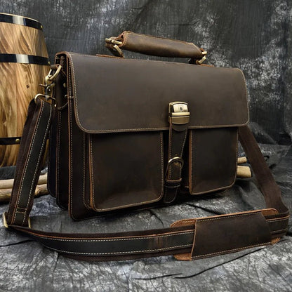Vintage Vanguard: Crazy Horse Leather Messenger Briefcase - Fenrir Vintage Emporium