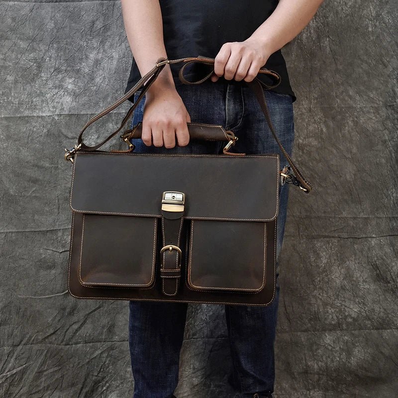 Vintage Vanguard: Crazy Horse Leather Messenger Briefcase - Fenrir Vintage Emporium