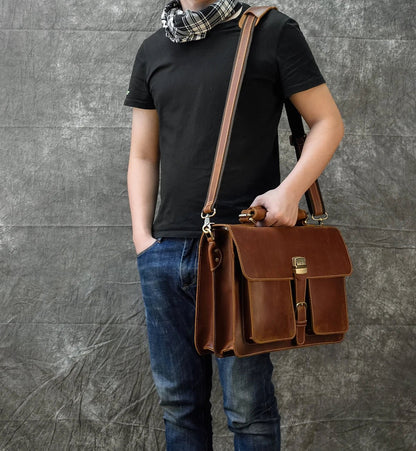 Vintage Vanguard: Crazy Horse Leather Messenger Briefcase - Fenrir Vintage Emporium